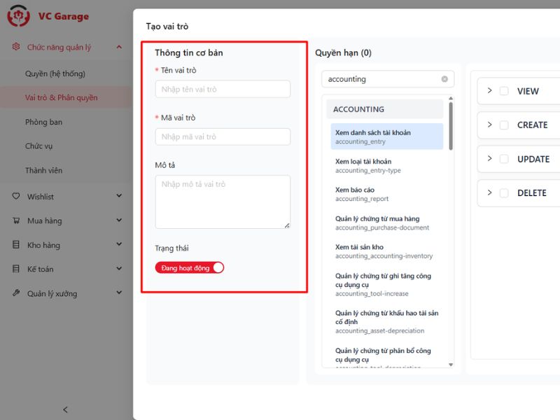 Tạo và nhập thông tin cho vai trò mới