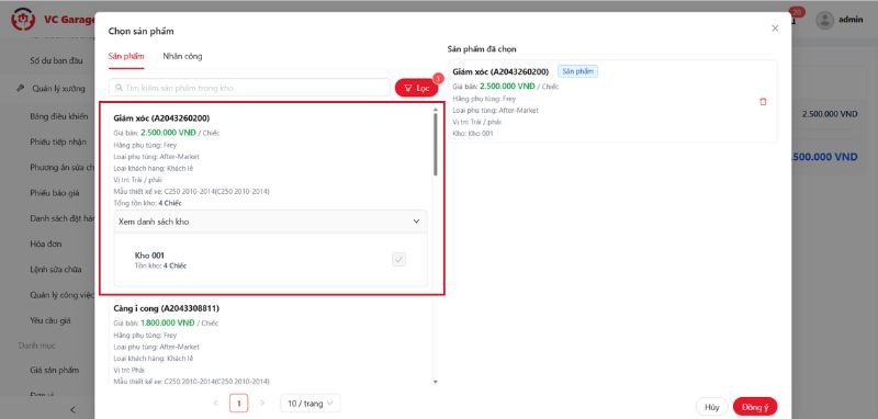 Thêm phụ tùng hoặc hạng mục sửa chữa