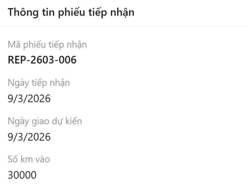 Thông tin ngày tháng và số km tại thời điểm sửa là thông tin bắt buộc cần lưu
