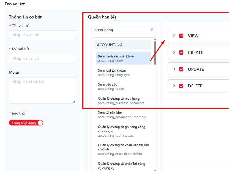 Tick chọn quyền thao tác ứng với từng chức năng của vai trò