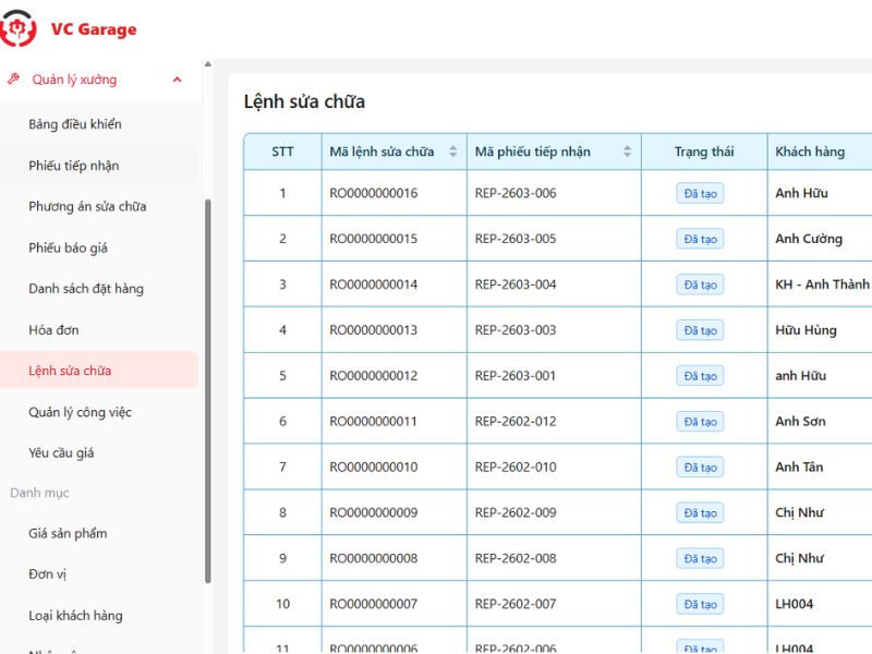 Tính năng quản lý lệnh sửa chữa của phần mềm VC Garage SaaS