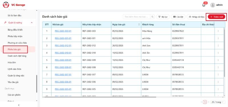 Truy cập danh sách báo giá trong hệ thống