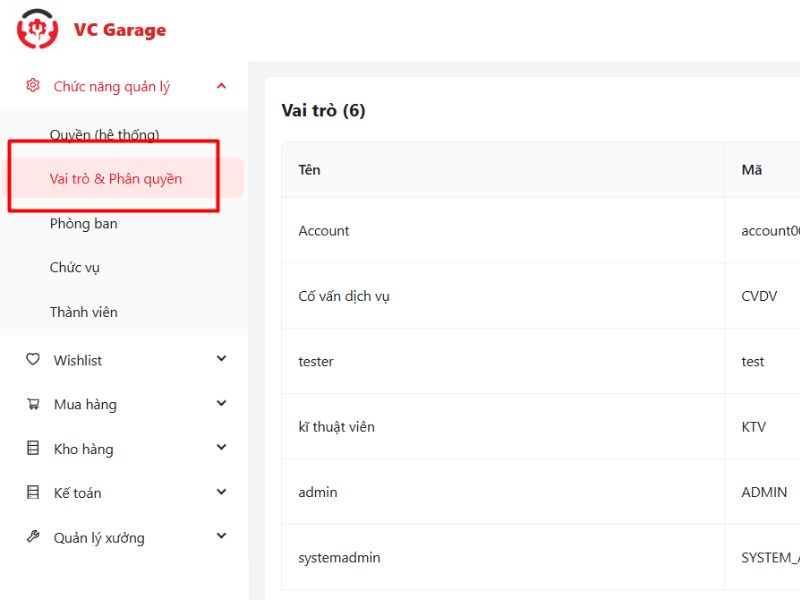 Truy cập màn hình vai trò và phân quyền phần mềm VC Garage
