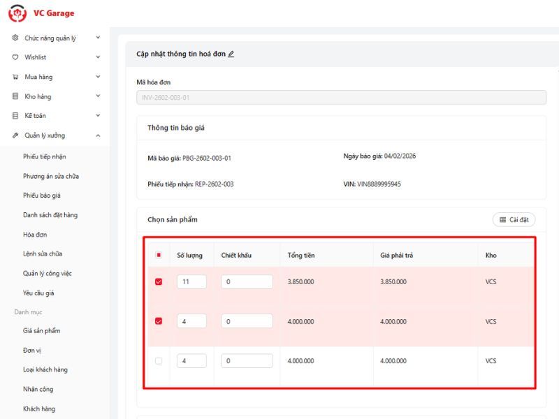 Quy trình xuất hoá đơn trong gara