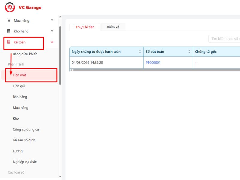 Phiếu thu điện tử gara: Đặc điểm, lợi ích & các mẫu phiếu phổ biến 7 Truy cập module kế toán rồi chọn phần tiền mặt