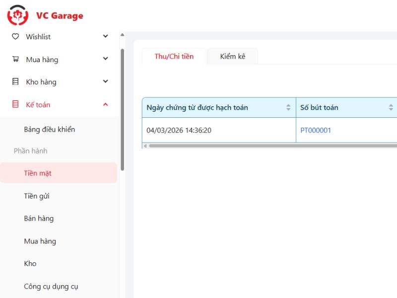 Truy cập vào module kế toán trên phần mềm VC Garage và chọn mục tiền mặt